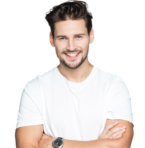 Man crossing arms, white shirt, smile | Muscle Stim